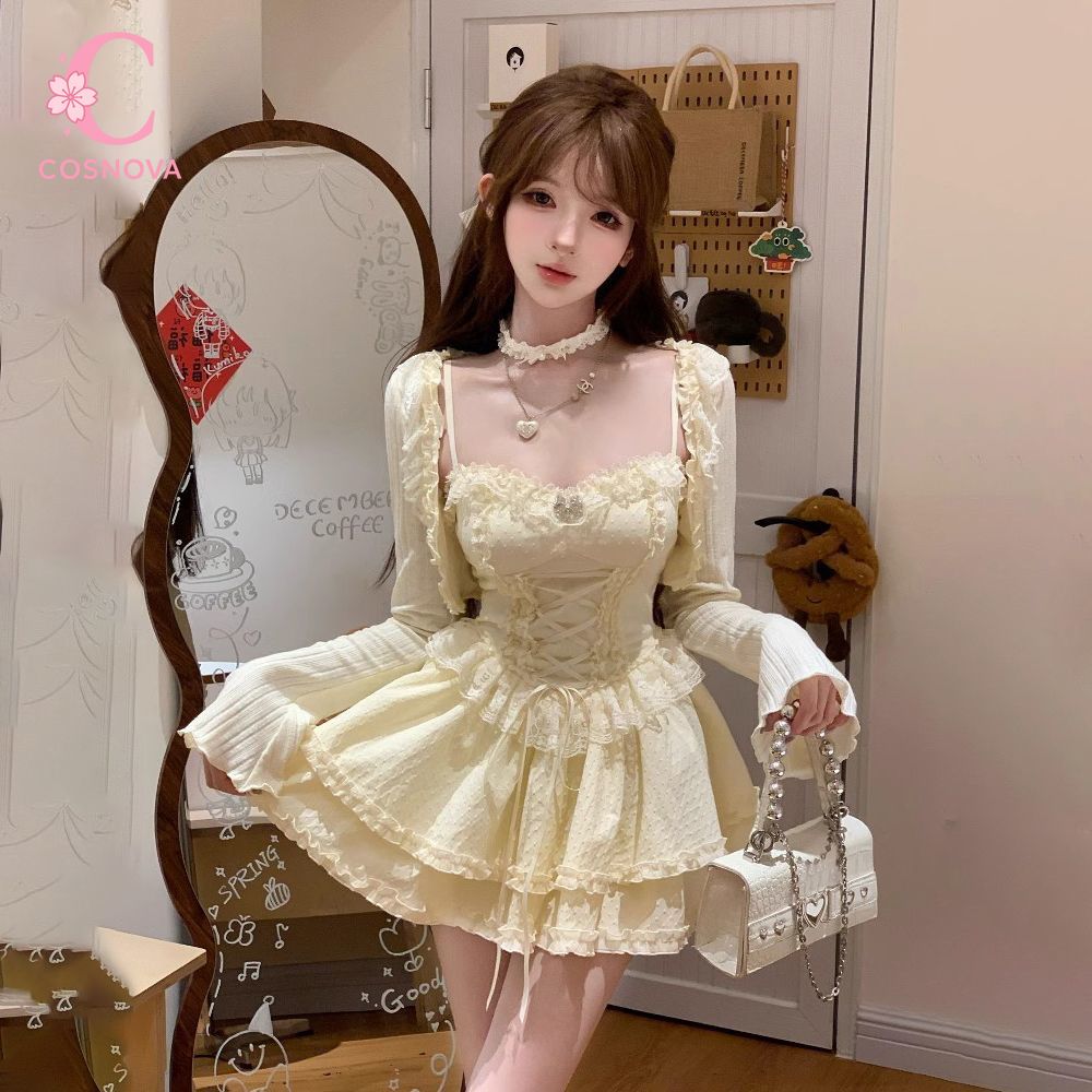 Elastic Lace Trim - طقم فستان كاميسول سويت لوليتا للنساء